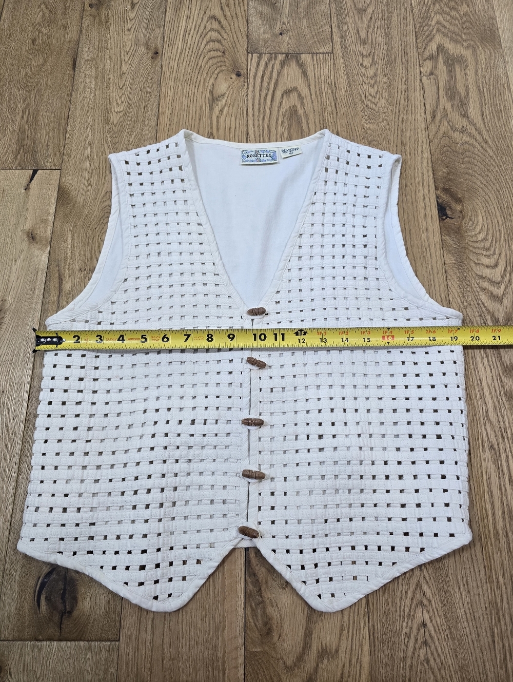 Vintage Rosettes Cream Woven Wood Button Vest Size Large - Picture 3 of 5